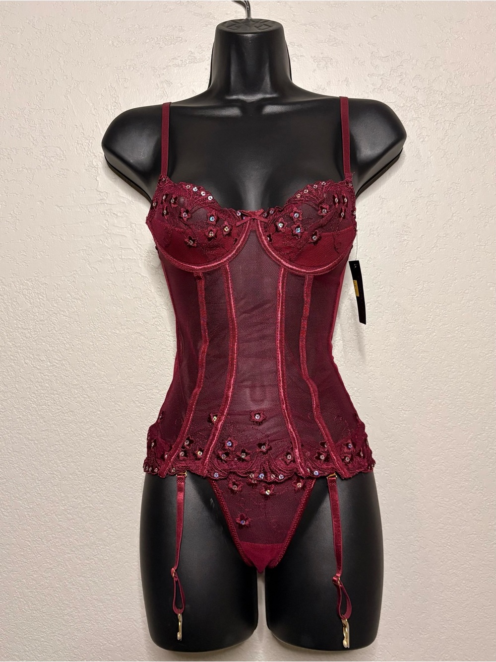 Youmita Embellished Violet Red Bustier Corset with Garter and thong